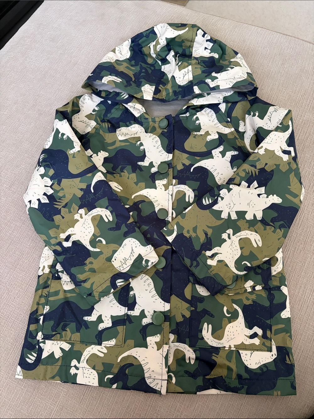 Amazon Kids Hooded Raincoat in Green, White & Navy Dino Camo